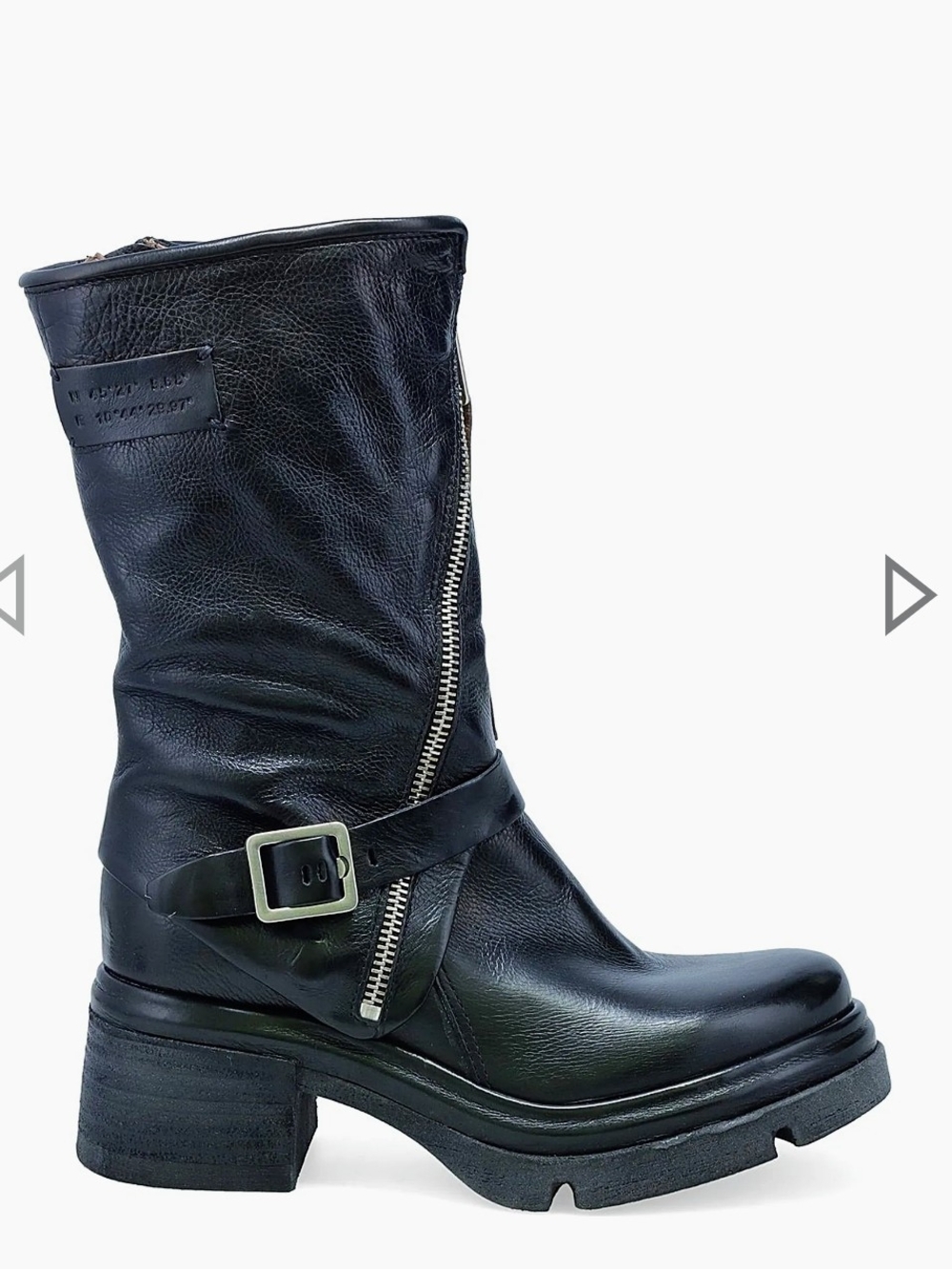 A.S. 98 Black Leather Mid-Calf Zip Buckle Moto Boots NIB 42/10.5 US